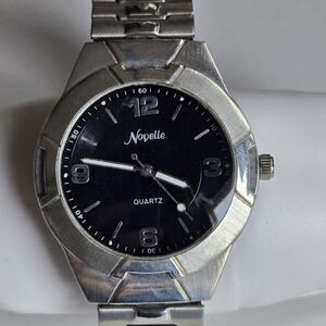 Novelle Silver-Tone and Black Men's Watch Oversized As-Is Untested Need Battery